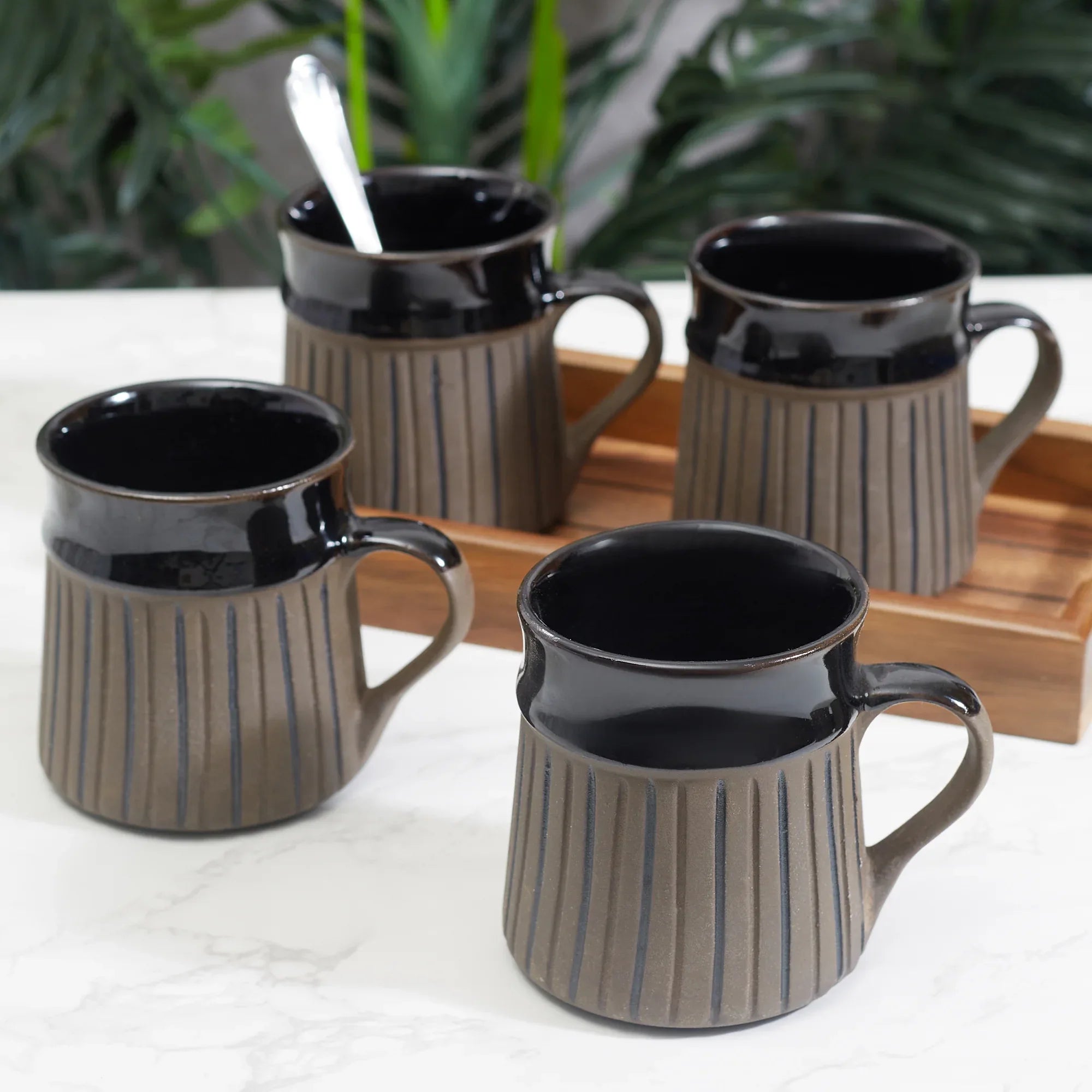Fiesta Studio Pottery Ligne Coffee Mug 300 ML Set of 4 in Brown Colour - HomeTown