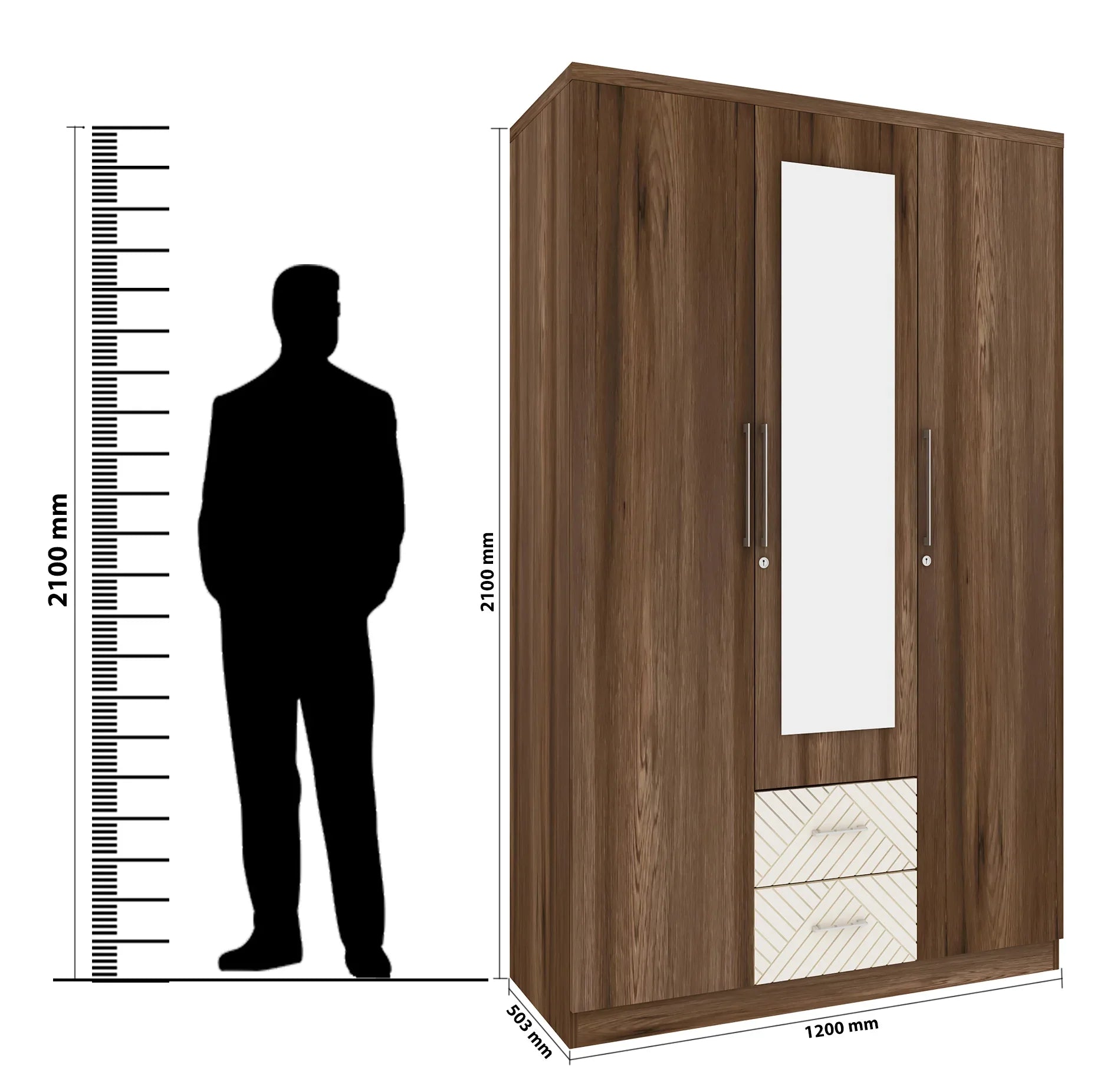 Saville Engineered Wood Three Door Wardrobe with Mirror in Dark Vogue Colour - HomeTown