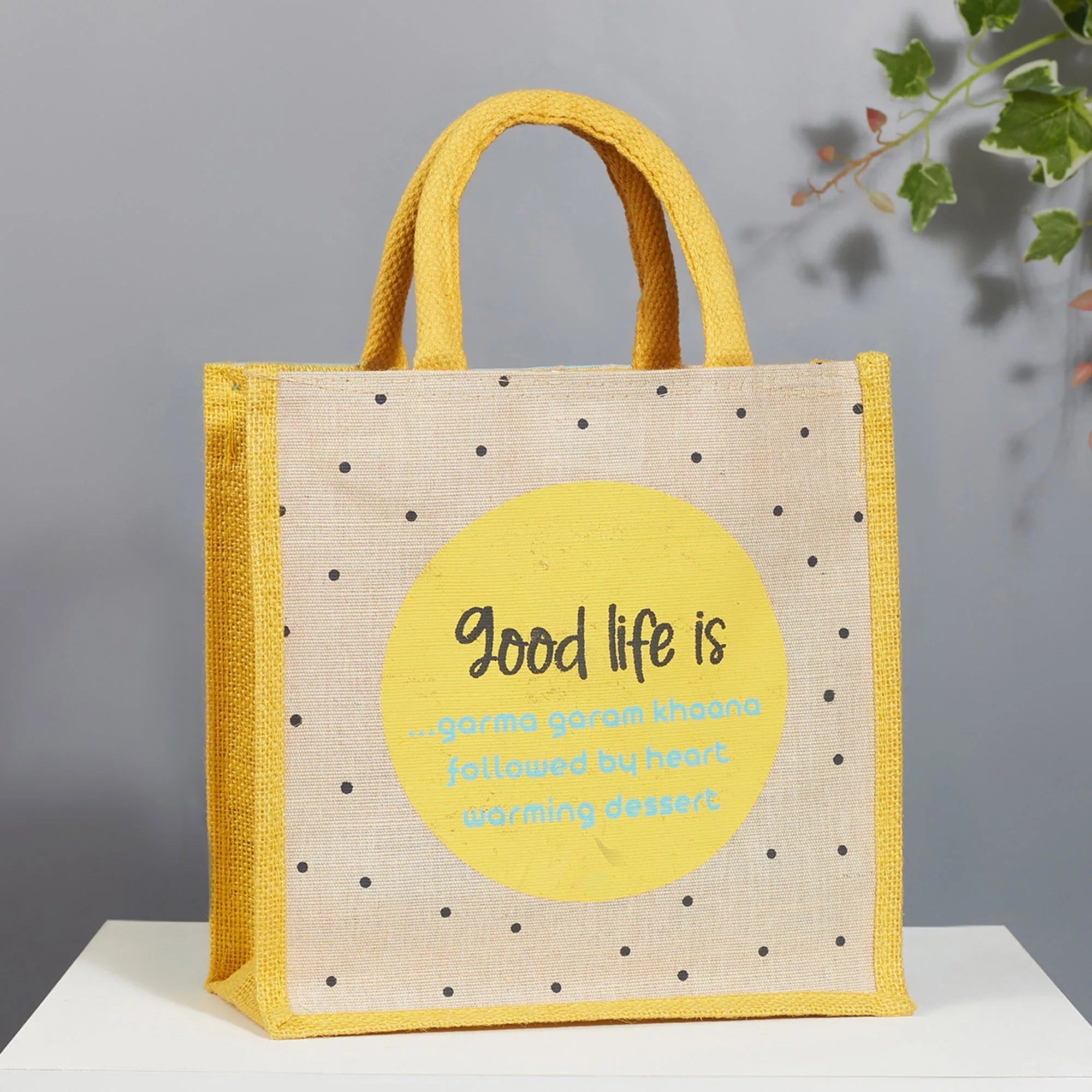 Good Life Jute Reversible Dessert Printed Lunch Bag 25.5 x 25.5 Cm in Turq & Yellow Colour - HomeTown