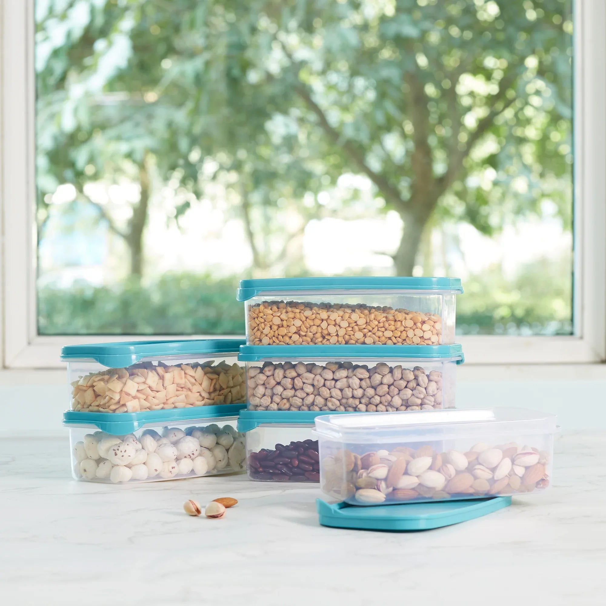 Modular Mate Plastic Rectangular Container 800ml Set of 6 in Teal & Transparent Colour - HomeTown