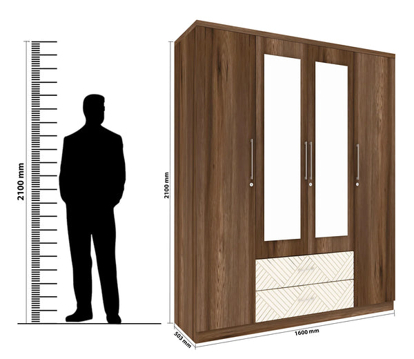Saville Engineered Wood 4 Door Wardrobe with Mirror in Dark Vogue Colour dimensions