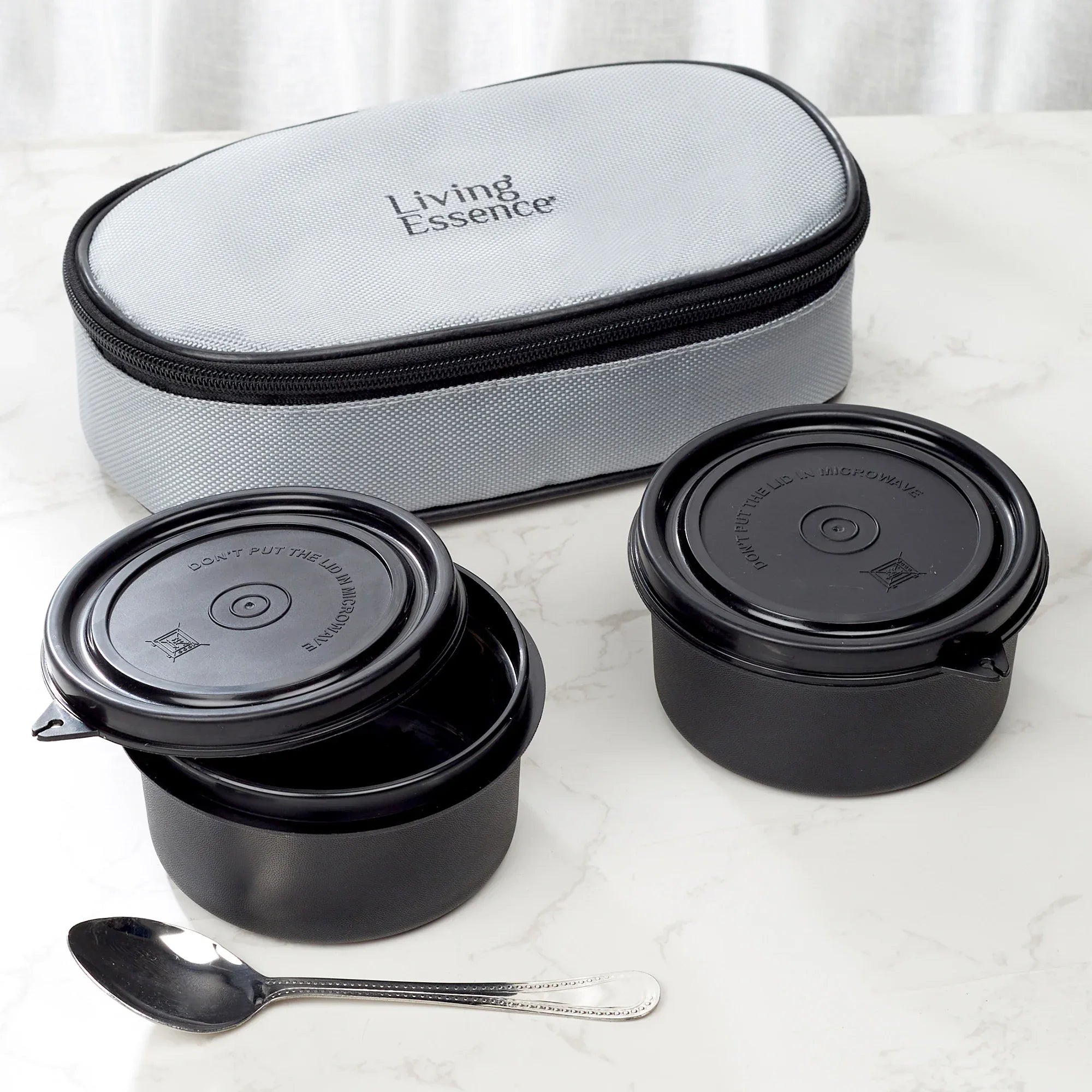 Microsafe 100% BPA Free Plastic & Stainless Steel Mega Lunch Box 400ml Set of 2 + Carry Bag in Grey Colour - HomeTown