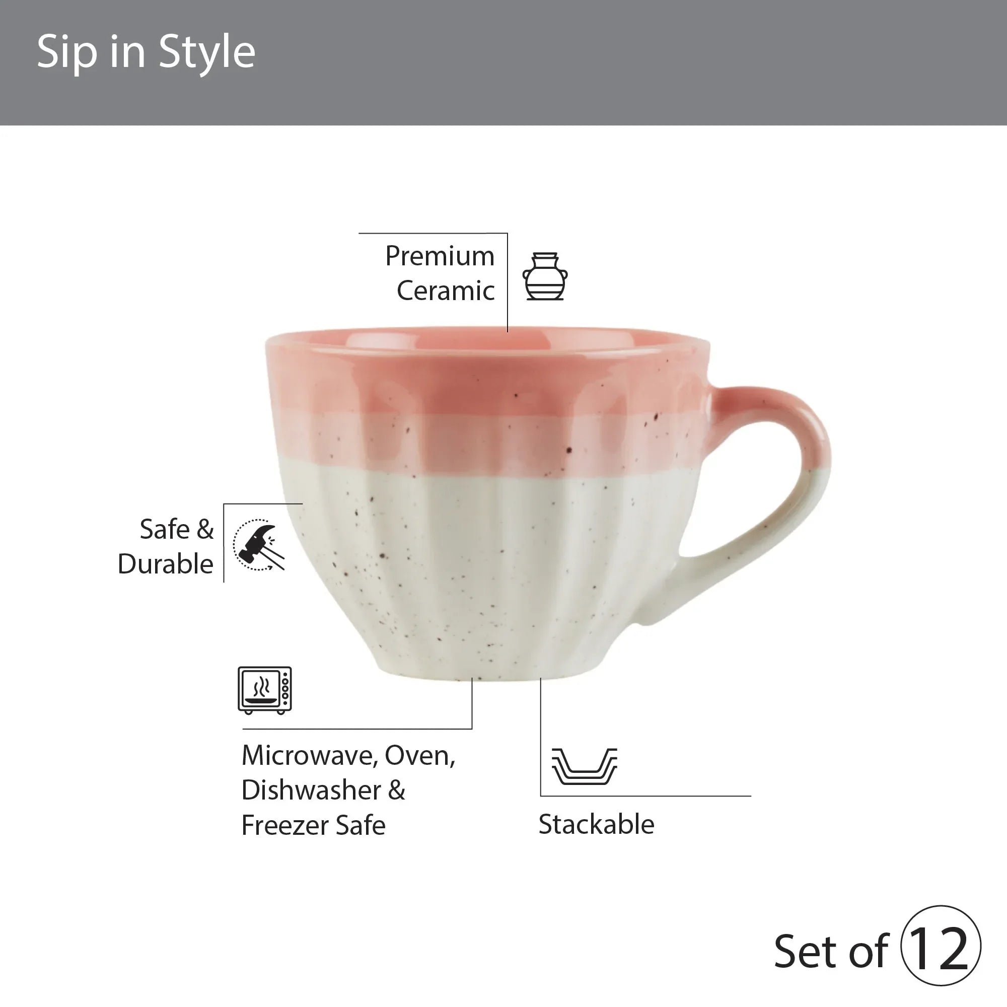 Emilia Ceramic Cup & Saucer Set Of 12 With Metal Stand in Blue & Pink Colour - HomeTown