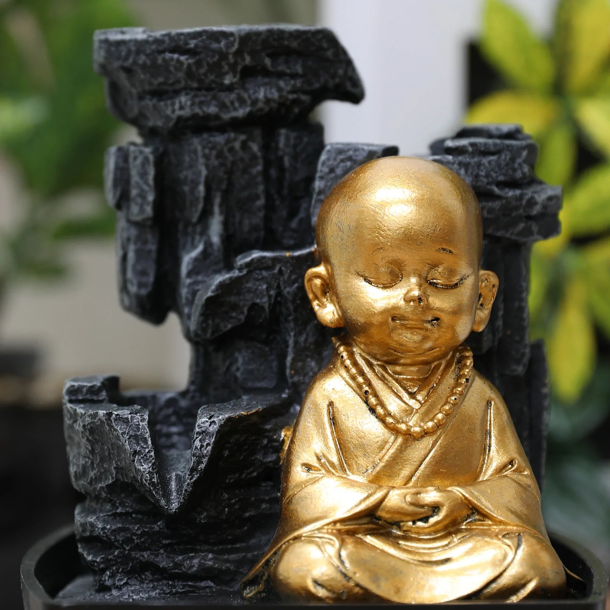 Impression Polyresin Monk Fountain 13X18Cm in Black Gold Colour - HomeTown