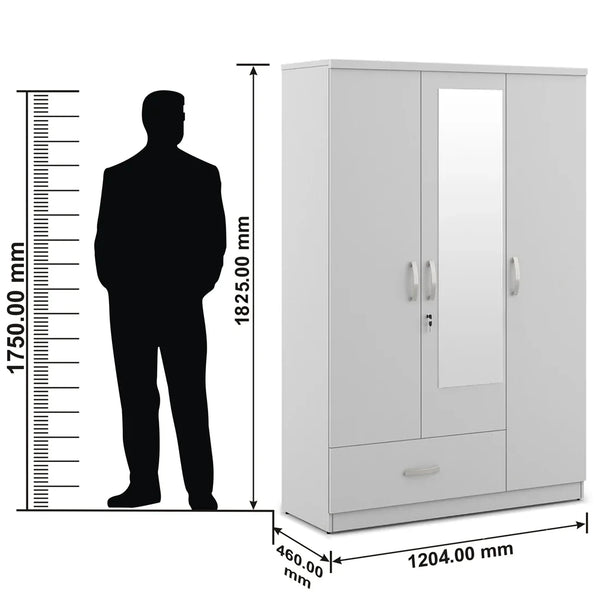 Utsav 3 Door Wardrobe with Mirror in White Colour dimensions
