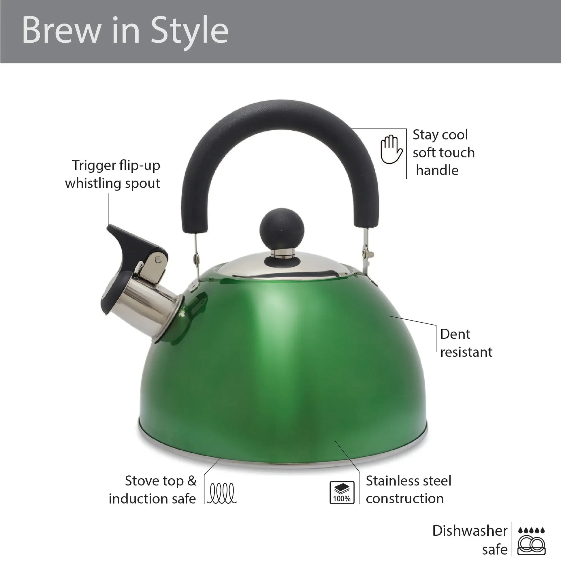 Brew Steel Whistling Kettle Ltr in Green Colour