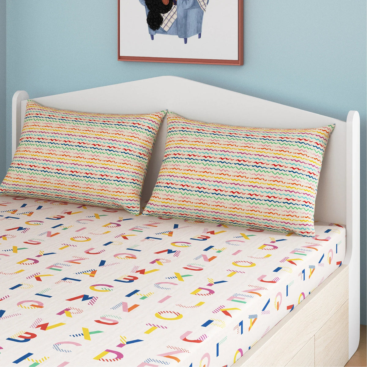 Crossword Scrabble Bamboo Cotton Queen Fitted Bedsheet in Multi Colour - HomeTown