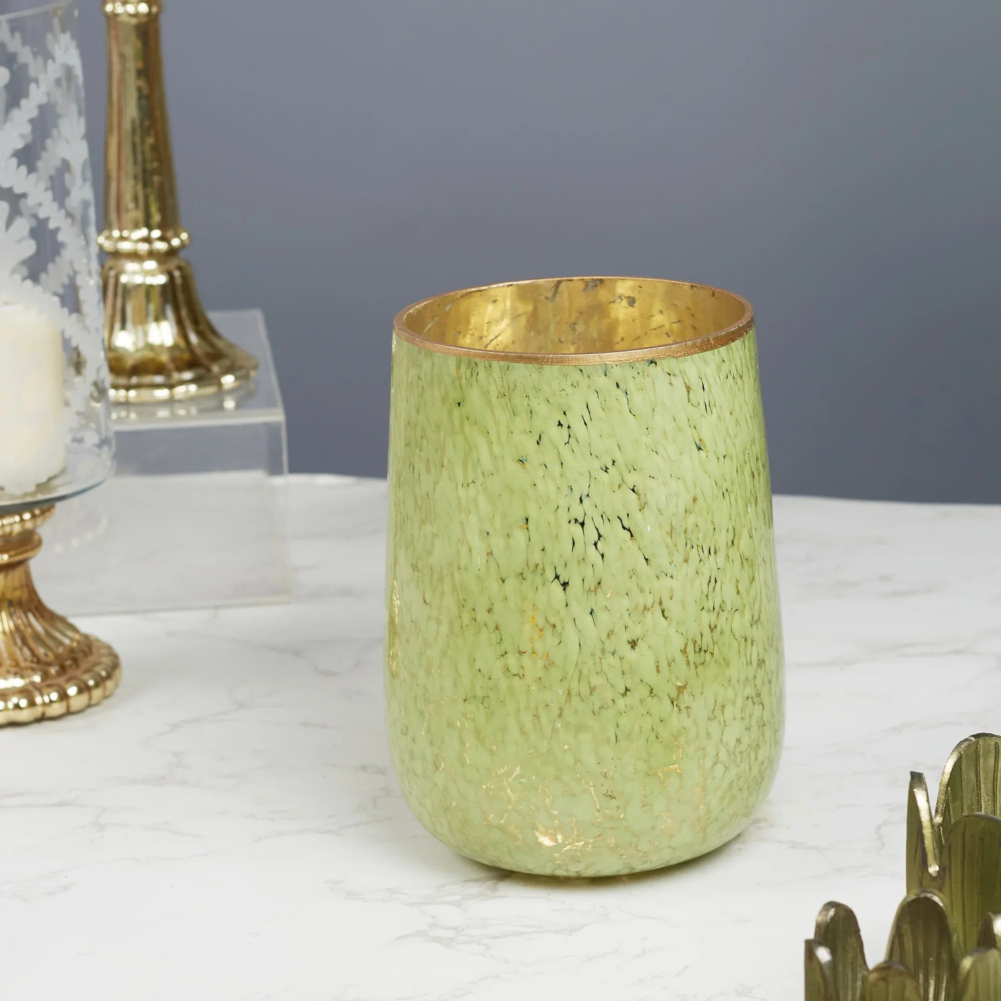 Phiona Glass Textured Handcrafted Vase 21 Cm in Olive Colour - HomeTown