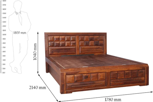 Woodrow Sheesham Wooden Rosewood Queen Bed in Honey Colour with Hydraulic Storage dimensions