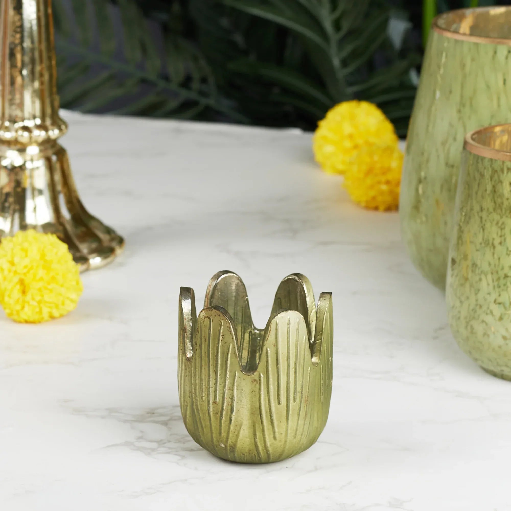 Phiona Glass Lotus Inspired Handcrafted Votive 70 Cm in Emerald Colour - HomeTown