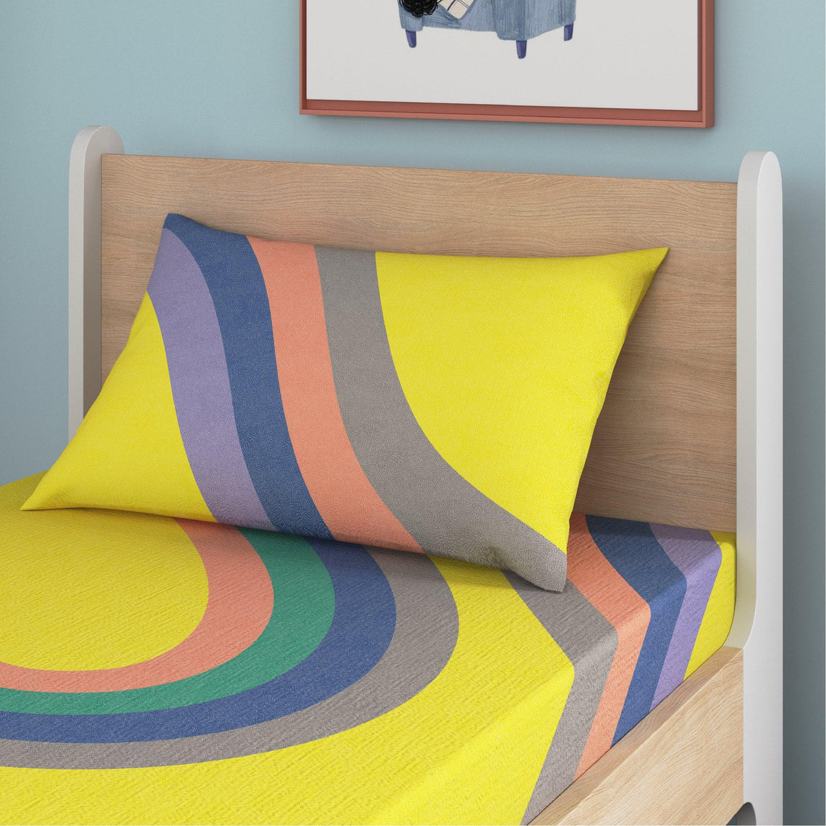 Winding Roads Bamboo Cotton Single Fitted Bedsheet in Yellow Colour - HomeTown