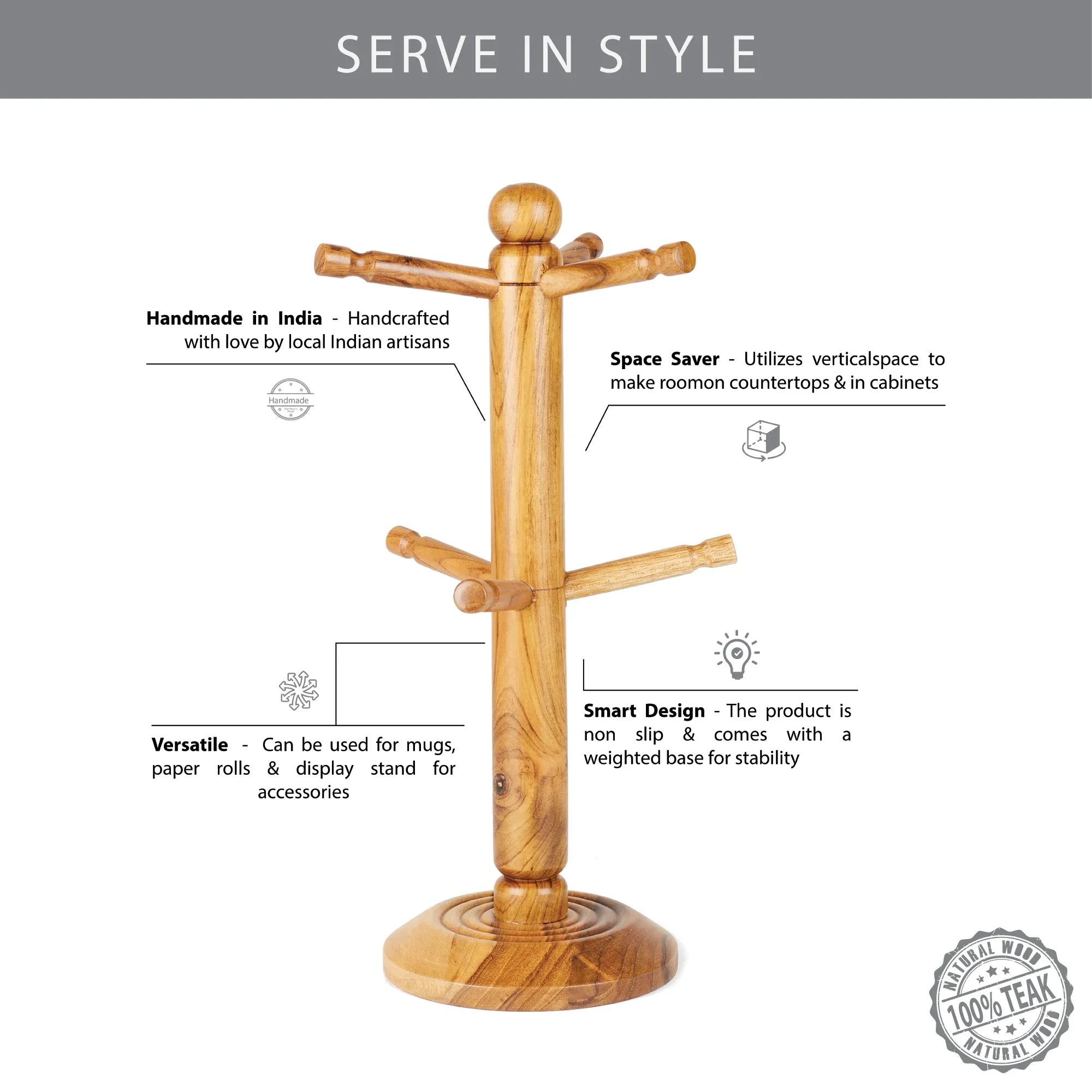 Beautiful Kitchen Wood Mug Tree/Stand/Holder in Brown Colour - HomeTown