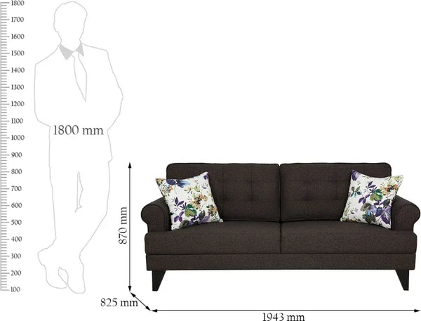 Paddington Fabric 3 Seater Sofa in Dark Brown Colour dimensions