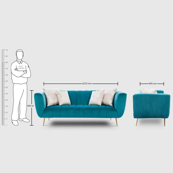 Catalina Velvet Sofa in Teal Color | 3 Seater dimensions
