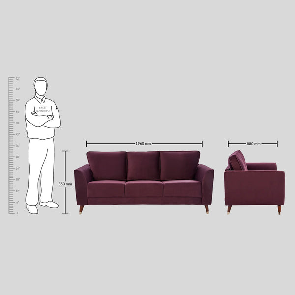 Magnific Velvet 3 Seater Sofa Wine dimensions