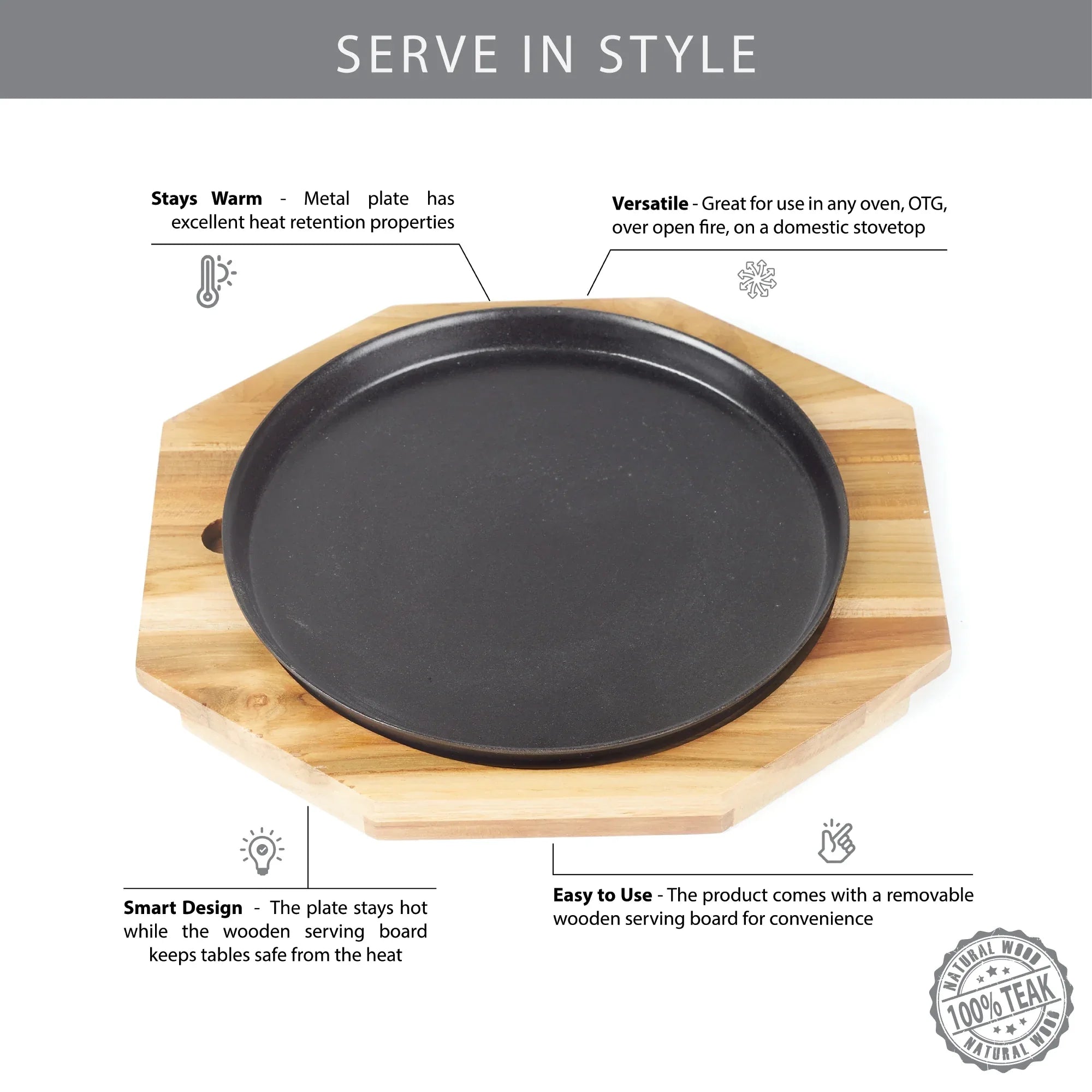 Beautiful Kitchen Metal and Wood Sizzler Plate Round in Brown Colour - HomeTown