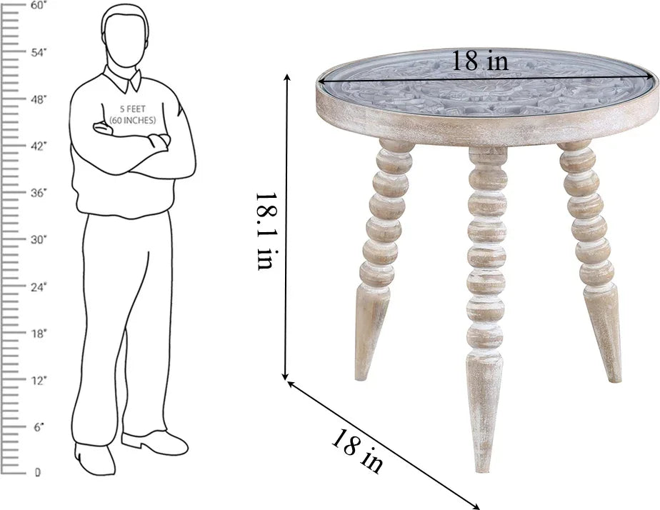 Antico Mango Wood Carved Stool in White Colour - HomeTown