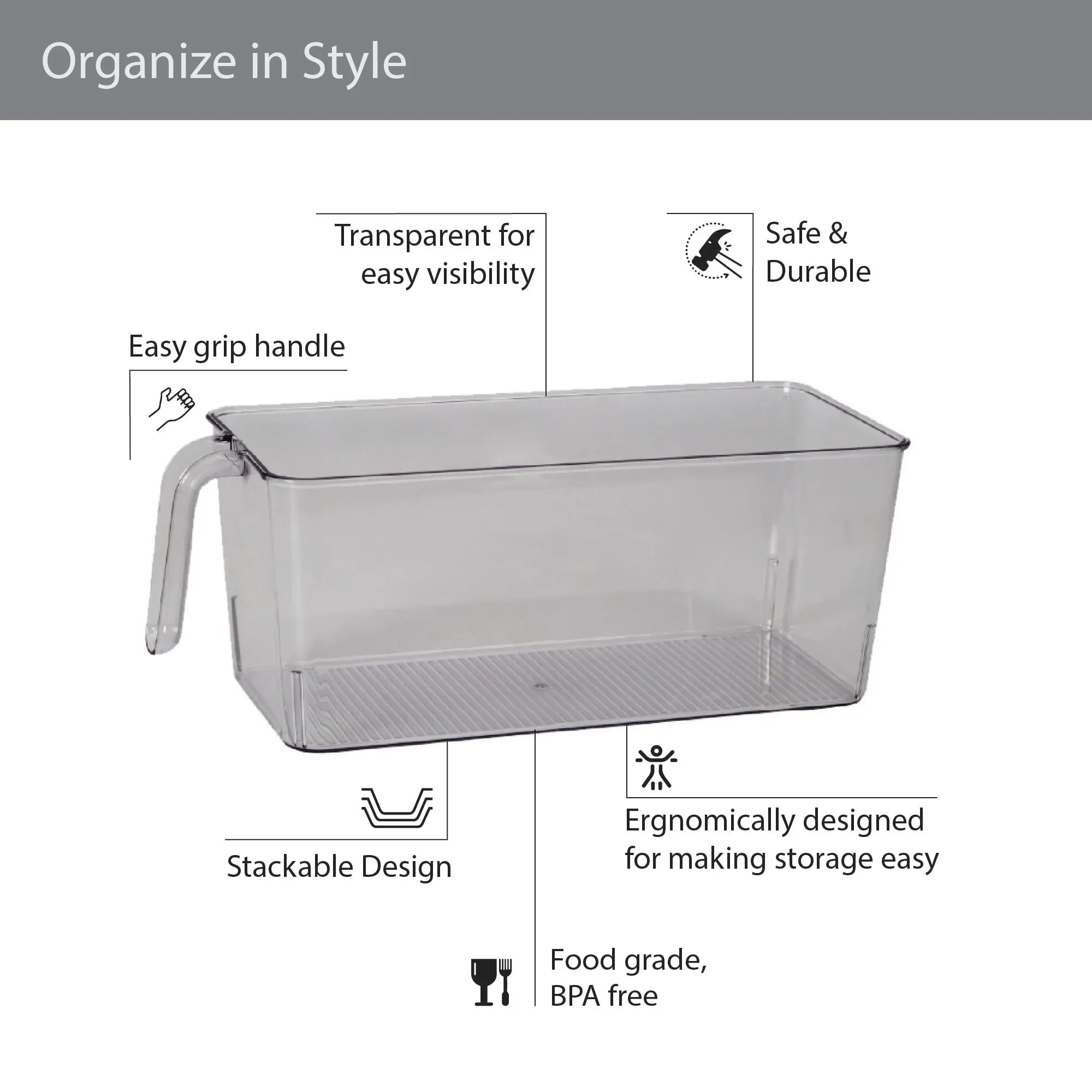 Robusto PET BPA Free Large Fridge Organizer with Front Handle in Transparent Colour - HomeTown