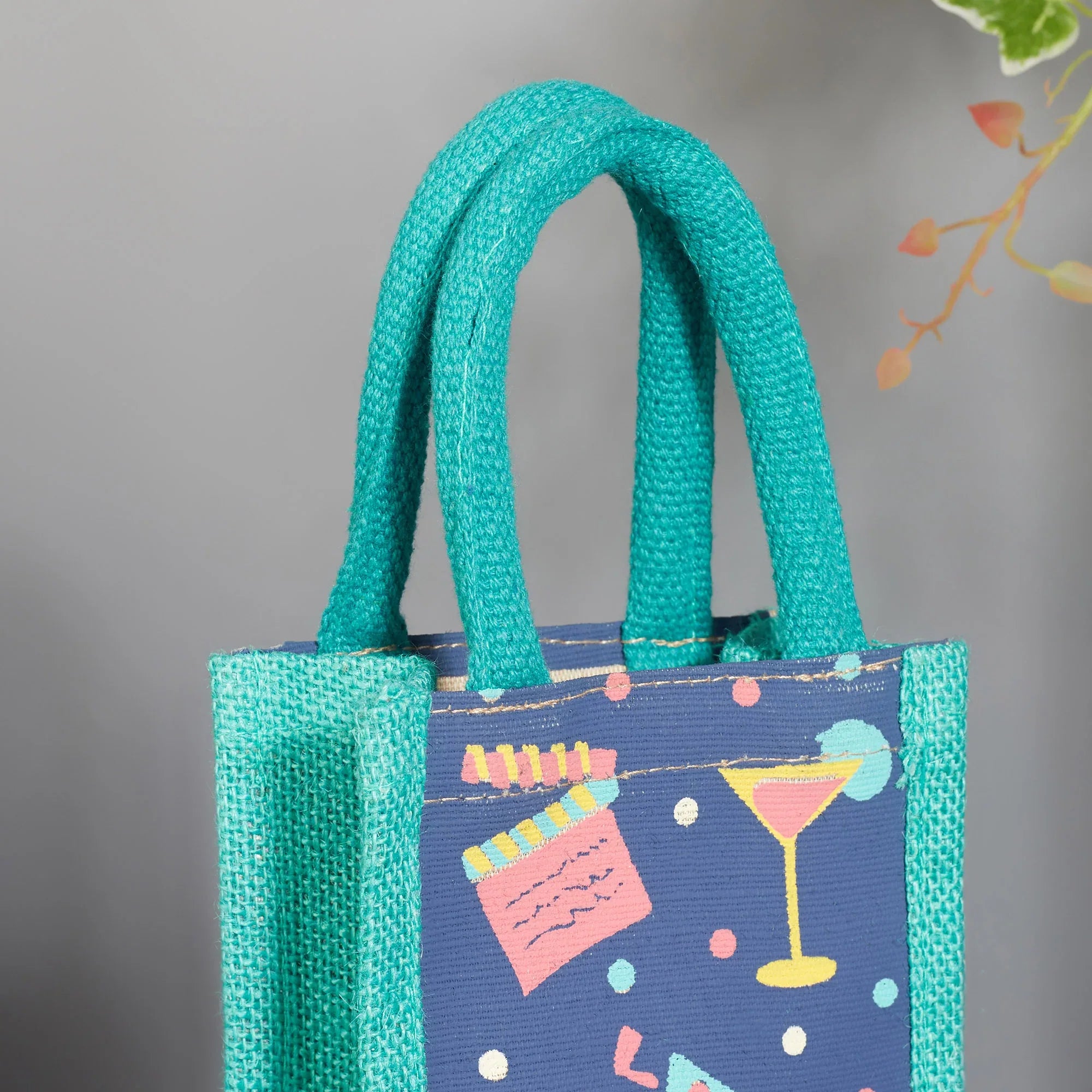 Good Life Jute Reversible Macaroon Printed Bottle Bag 12 x 35.5 Cm in Navy Colour - HomeTown