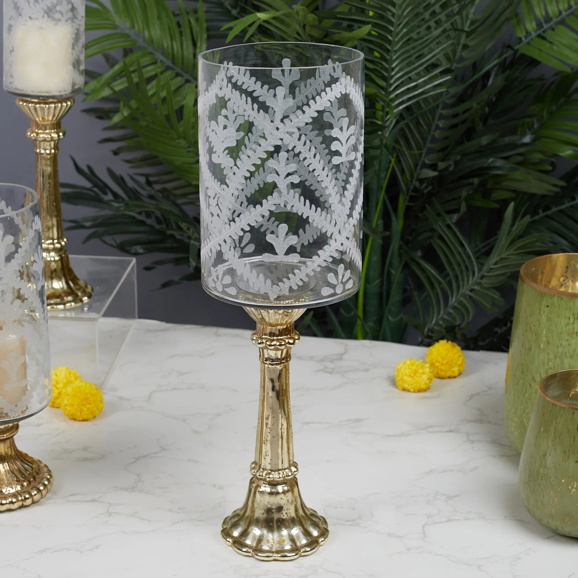 Phiona Glass Etched Handcrafted Hurricane 49 Cm in Gold Colour - HomeTown