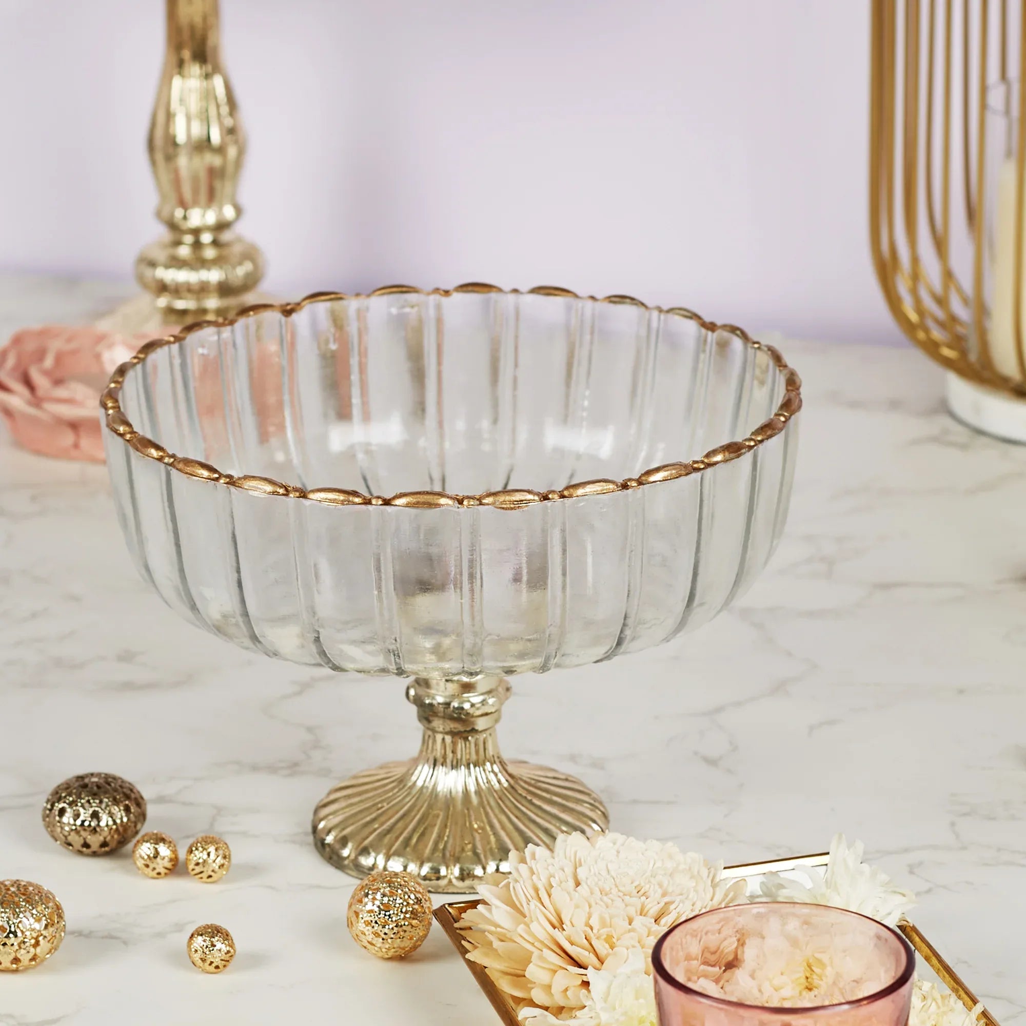 Phiona Glass Fluted Handcrafted Bowl 13 Cm in Gold Colour - HomeTown