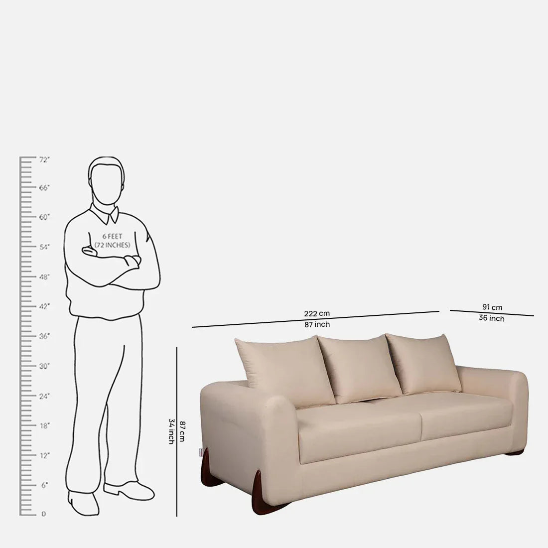 Bodhi Fabric Three Seater Sofa in Beige Colour - HomeTown