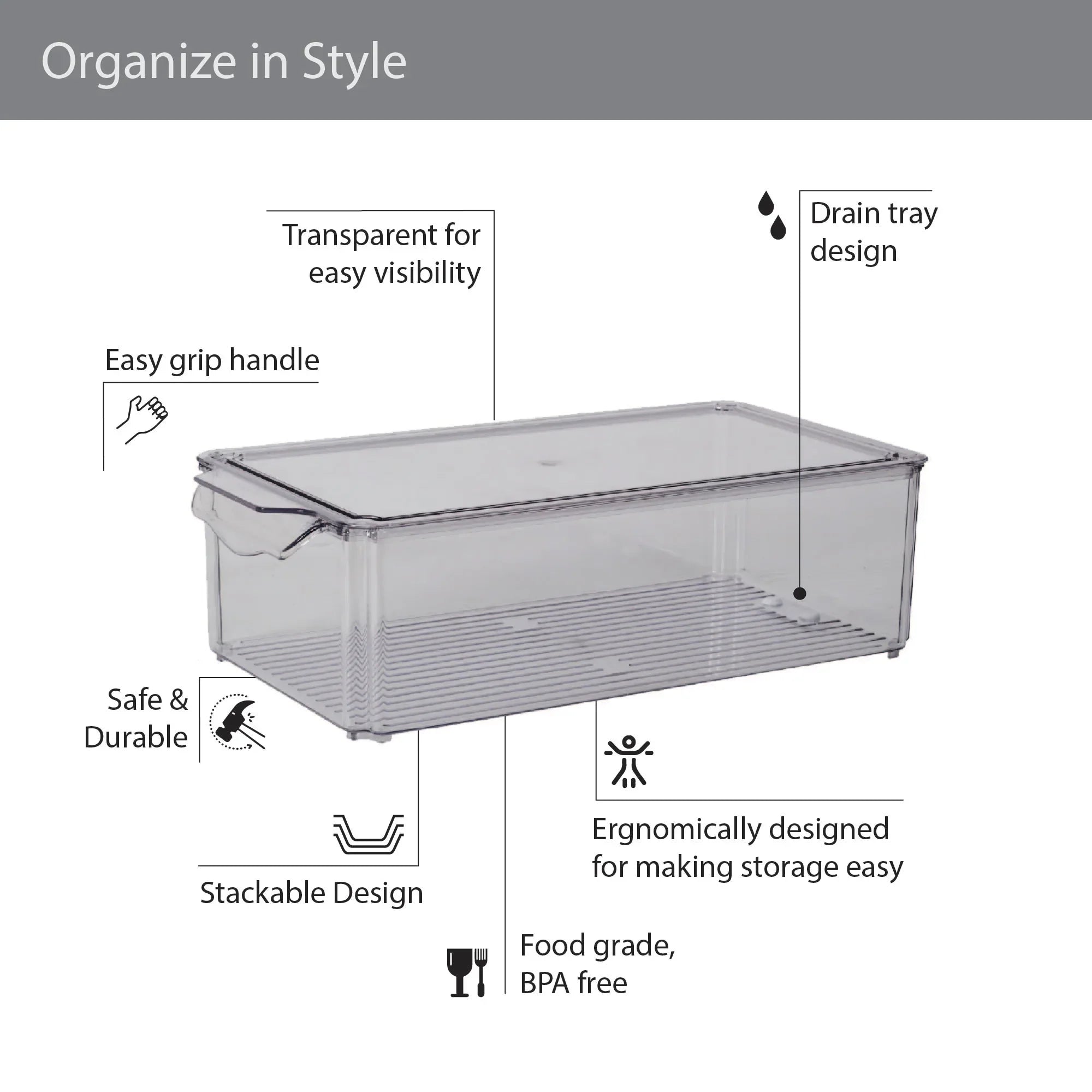 Robusto PET BPA Free Stackable Fridge Organizer with Lid & Drain - 8.4 Ltr in Transparent Colour - HomeTown