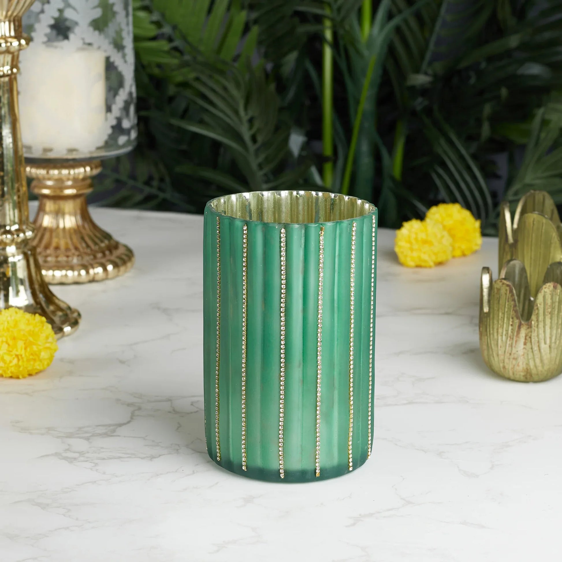 Phiona Glass Diamond Stud Handcrafted Votive 15 Cm in Emerald Colour - HomeTown