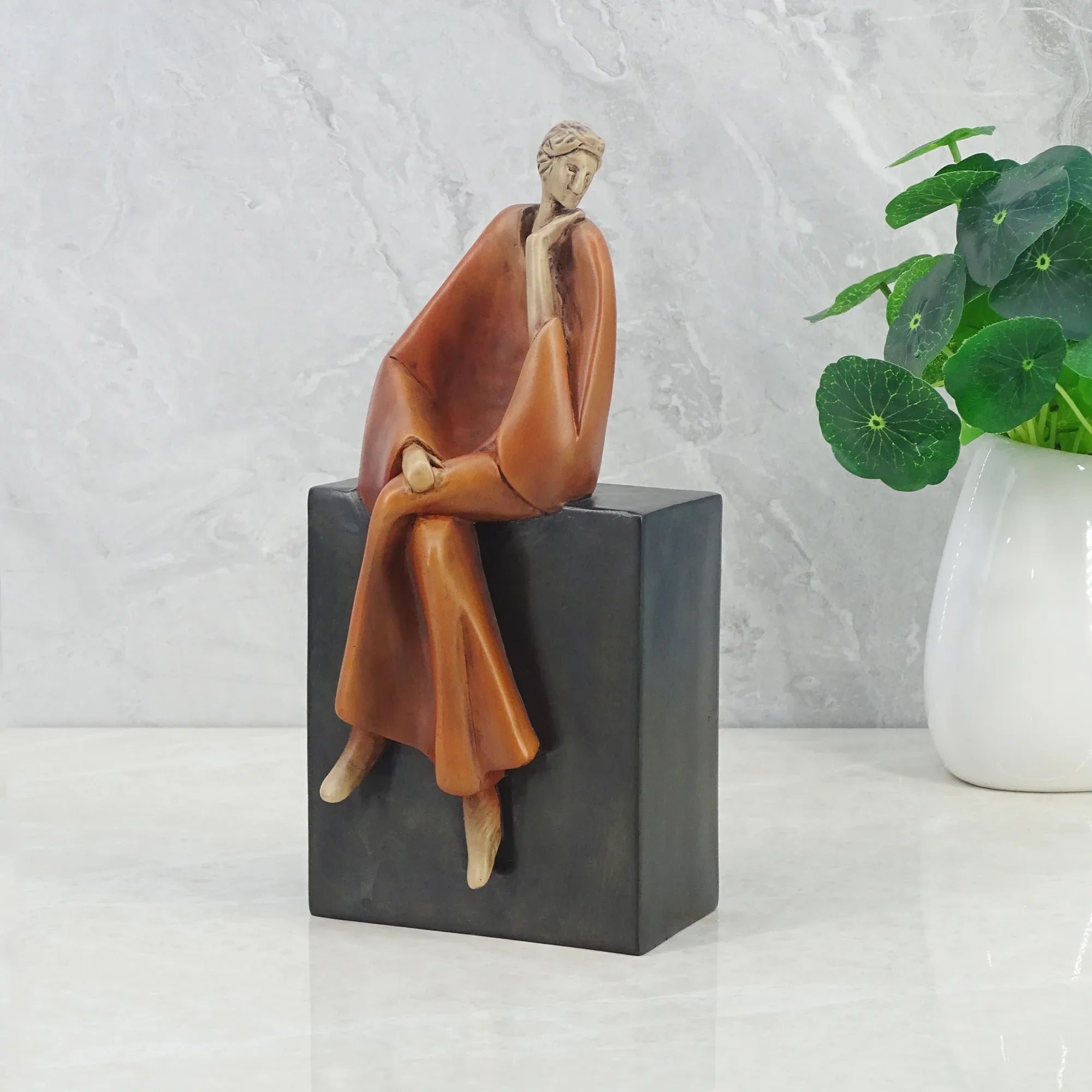 Alpine Polyresin Man Posing On Bench 23 Cm in Brown Colour - HomeTown