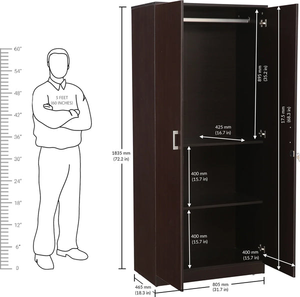 Prime 2 Door Wardrobe in Wenge Finish dimensions