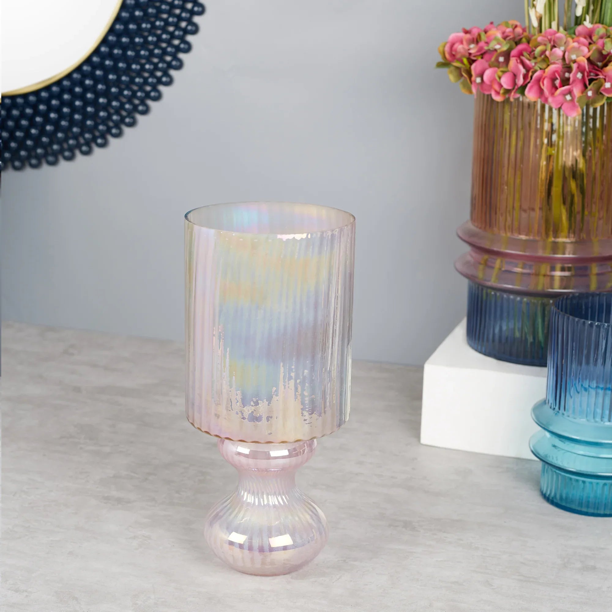 Phiona Glass Fluted Handcrafted Hurricane 33 Cm in Blush Colour - HomeTown