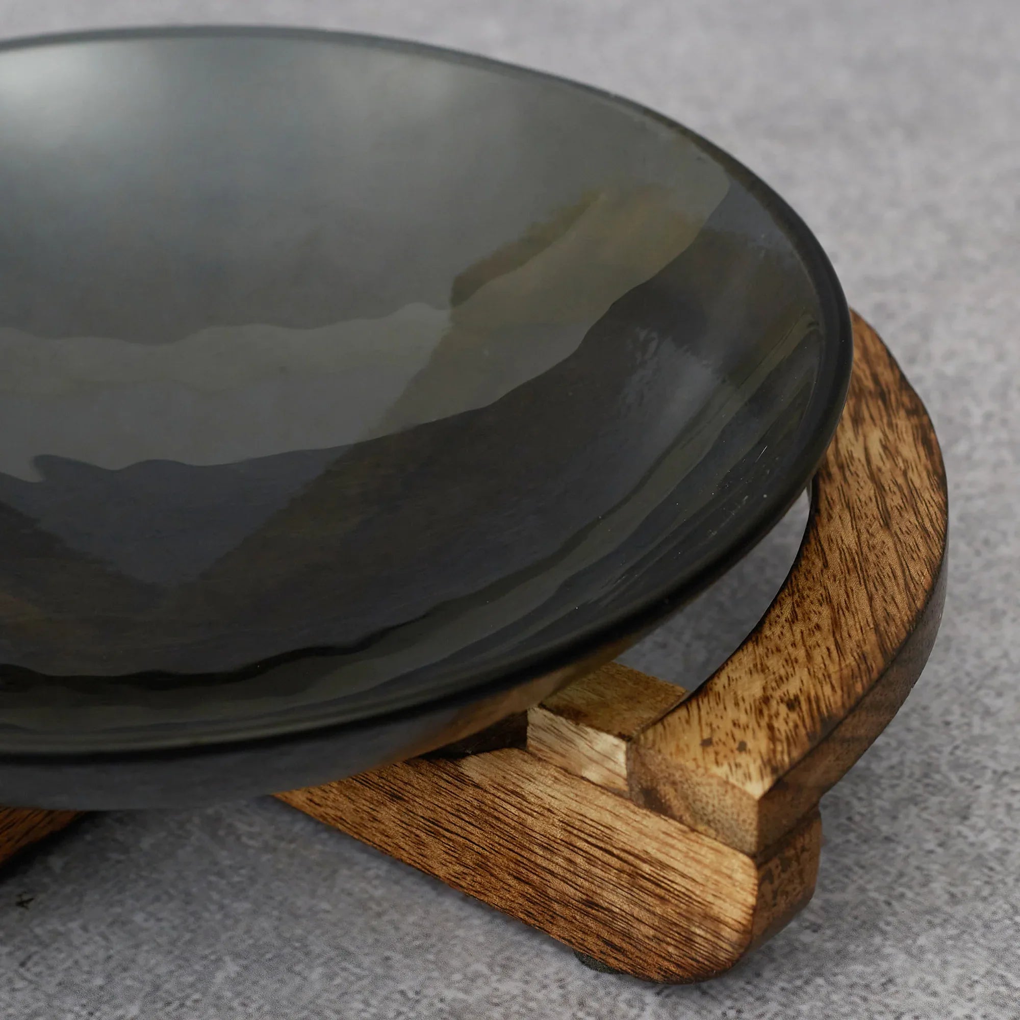 Ebony Glass & Wooden Cross Bowl 24cm in Black Texture Colour - HomeTown