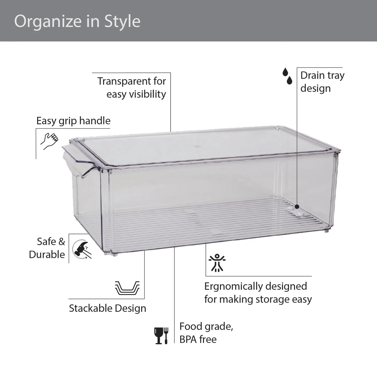 Robusto PET BPA Free Stackable Fridge Organizer with Lid & Drain- 8.8 Ltr in Transparent Colour - HomeTown