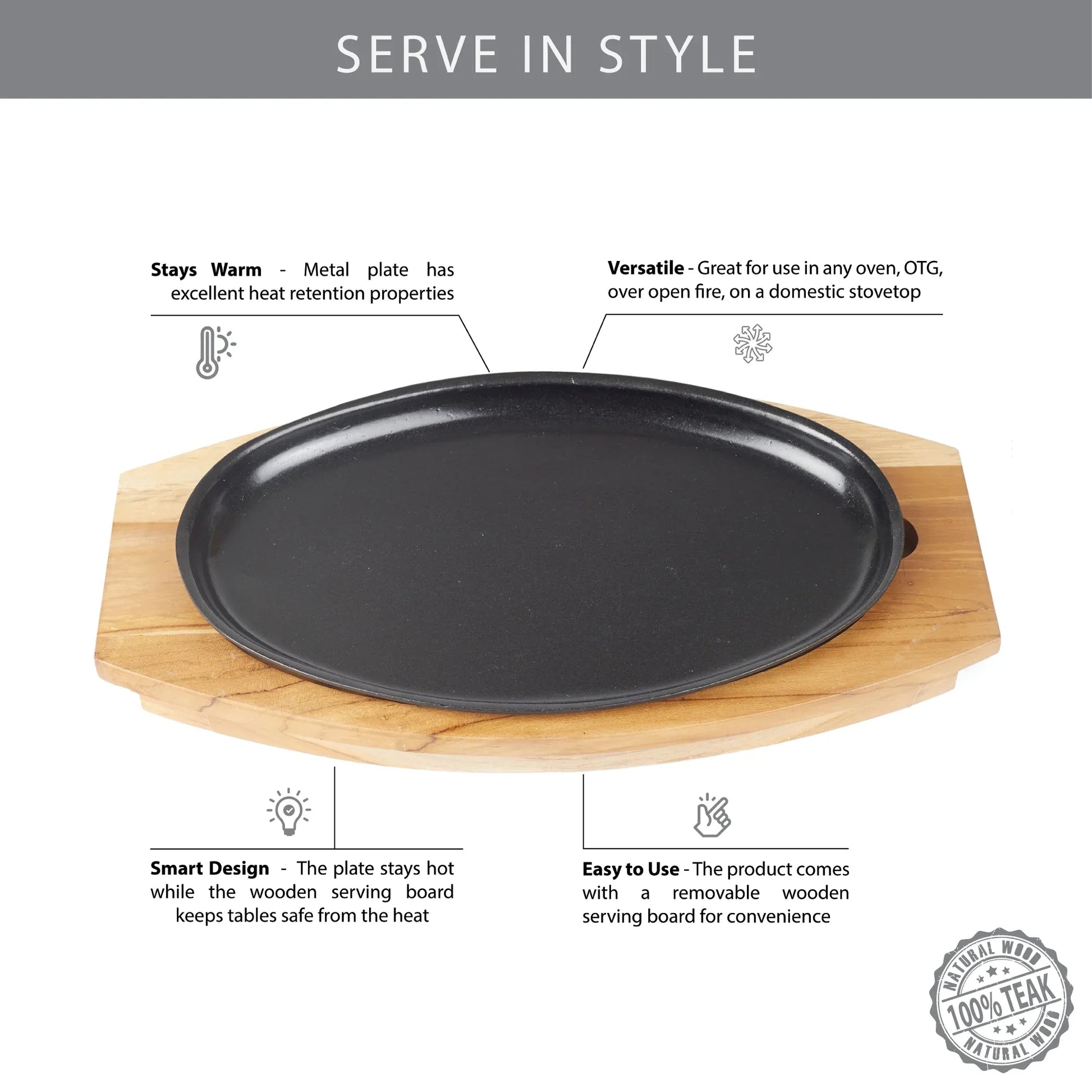 Beautiful Kitchen Metal and Wood Sizzler Plate Oval in Brown