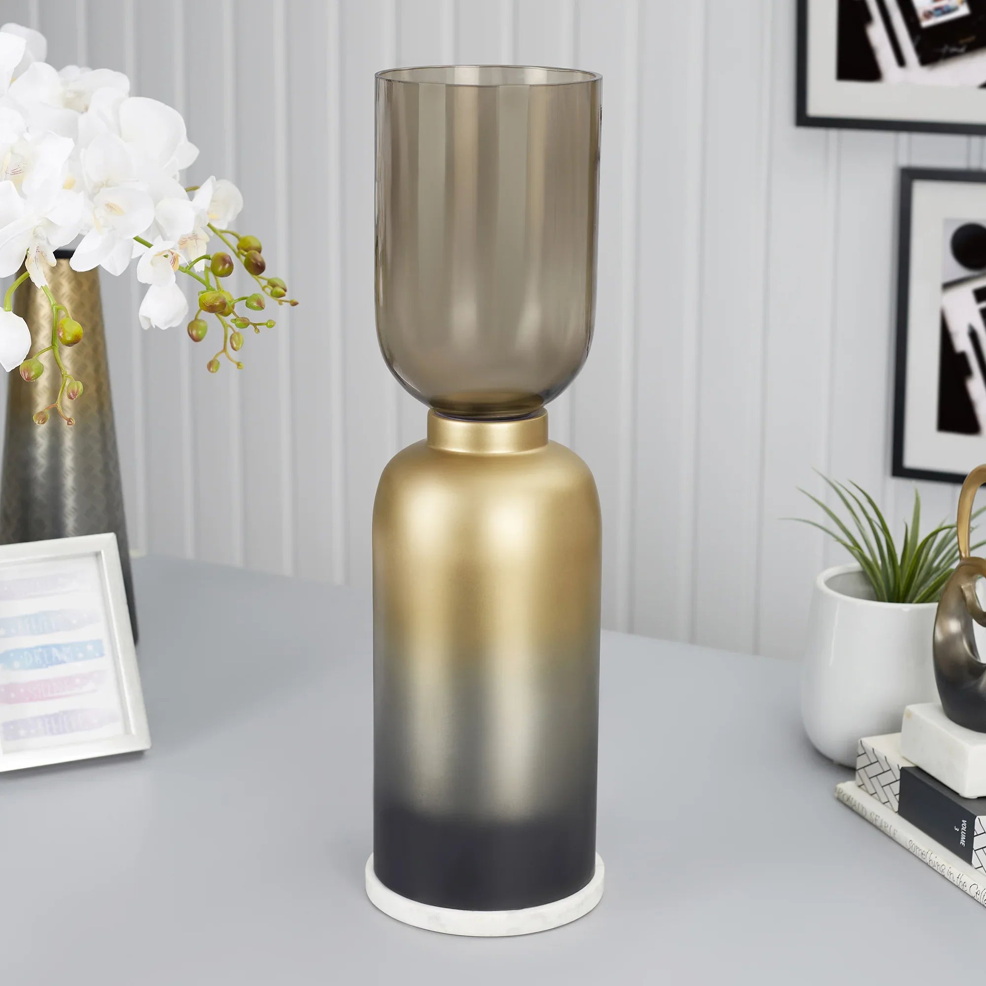 Zeus Iron and Glass Ombre Floor Hurricane 20x63 Cm in Antique Gold & Black Colour - HomeTown