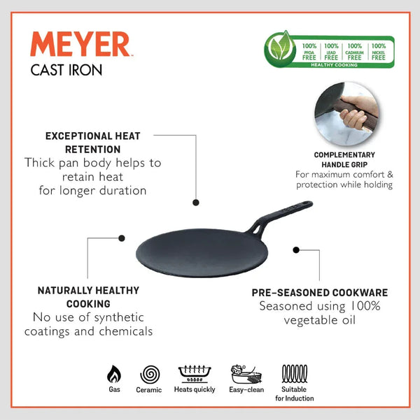Enamel Free Cast Iron Induction Base Flat Tawa 26 Cm in Black Colour dimensions