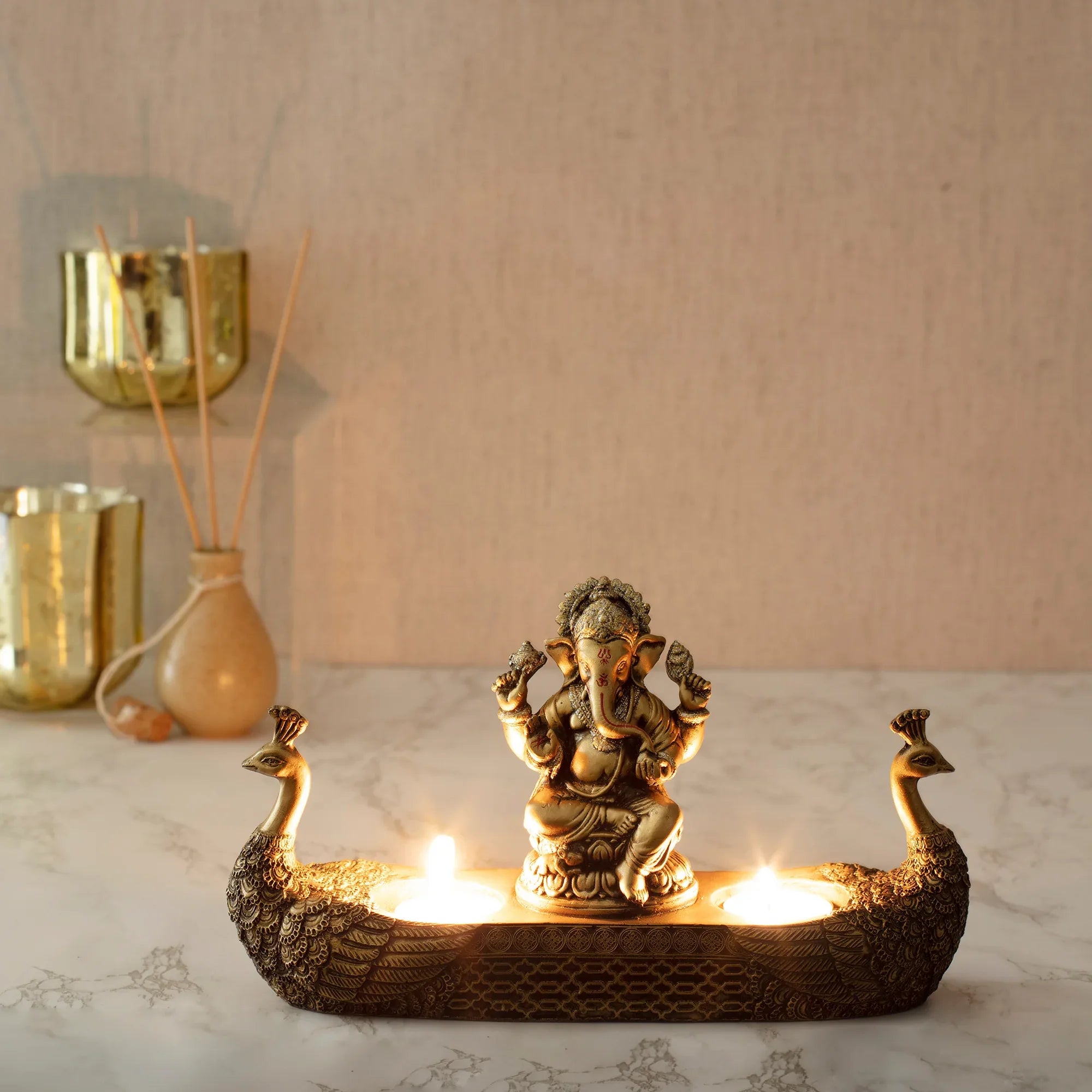 Dynast Polyresin Embellished Ganesha Hand Finished Figurine Cum Tealight Holder 14Cm in Gold Colour - HomeTown