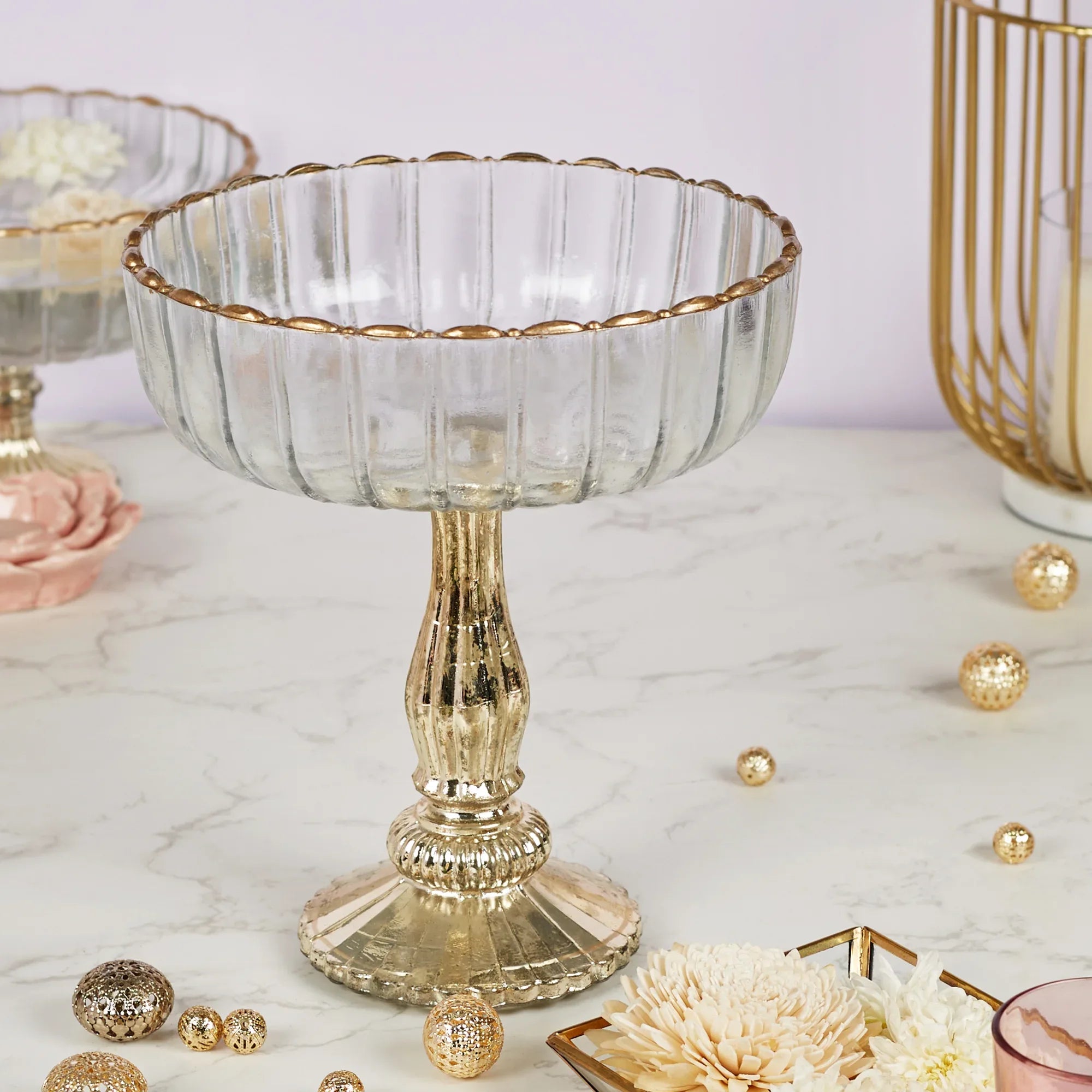 Phiona Glass Fluted Handcrafted Bowl 24 Cm in Gold Colour - HomeTown