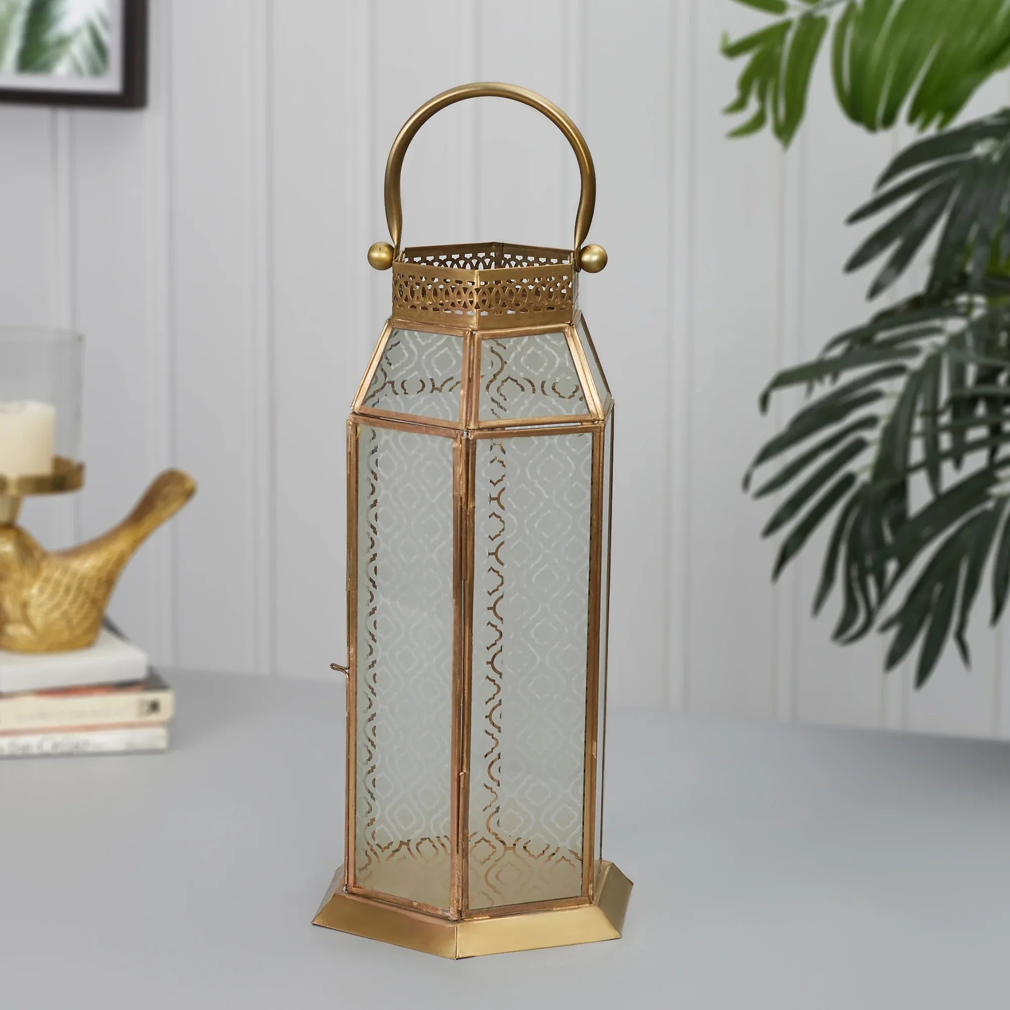 Apollo Iron and Glass Hexagon Lantern 19x37 Cm in Emerald & Gold Colour - HomeTown