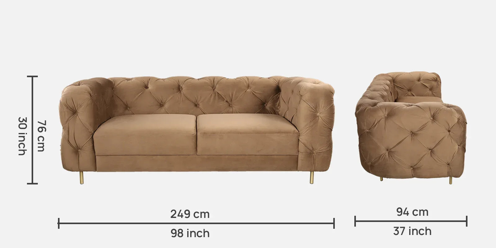 Bellrose Velvet Fabric Three Seater Sofa in Brown Colour - HomeTown