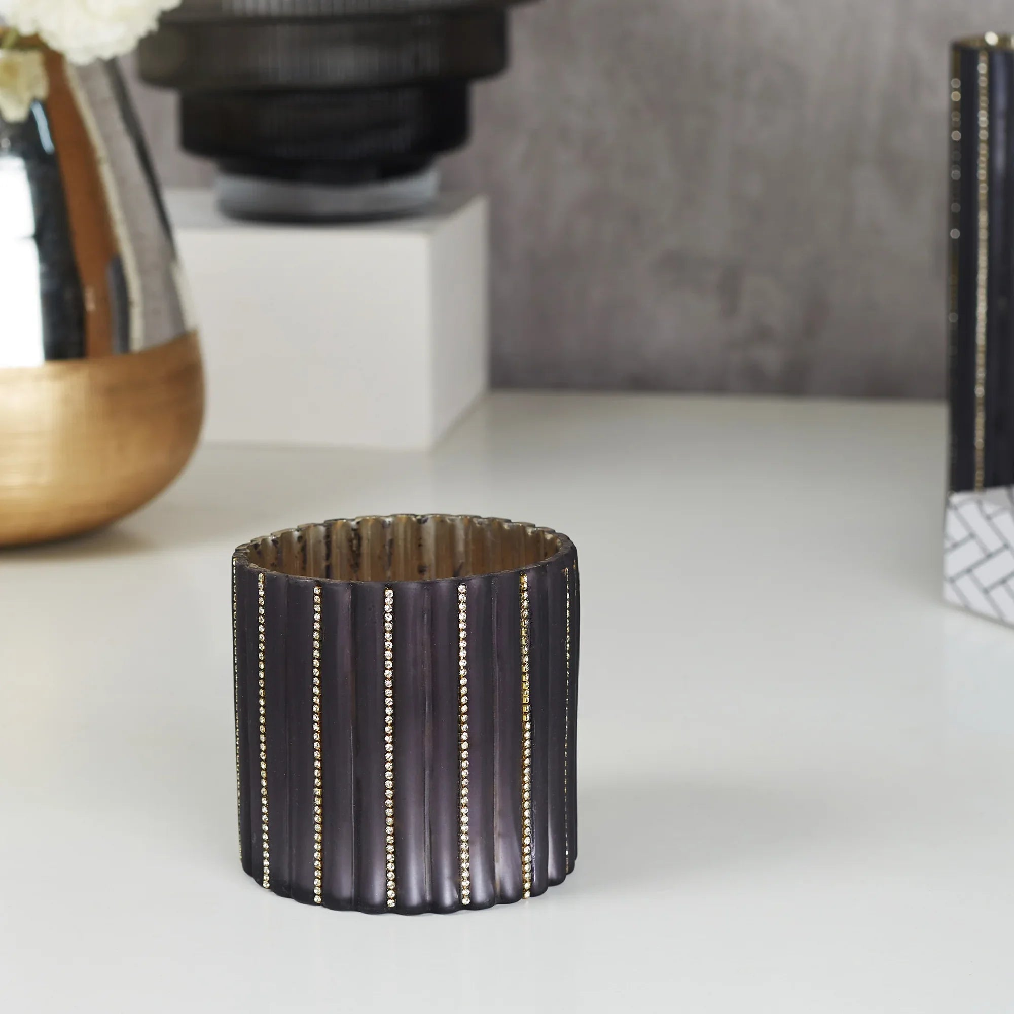 Phiona Glass Diamond Stud Handcrafted Votive 10 Cm in Grey Colour - HomeTown