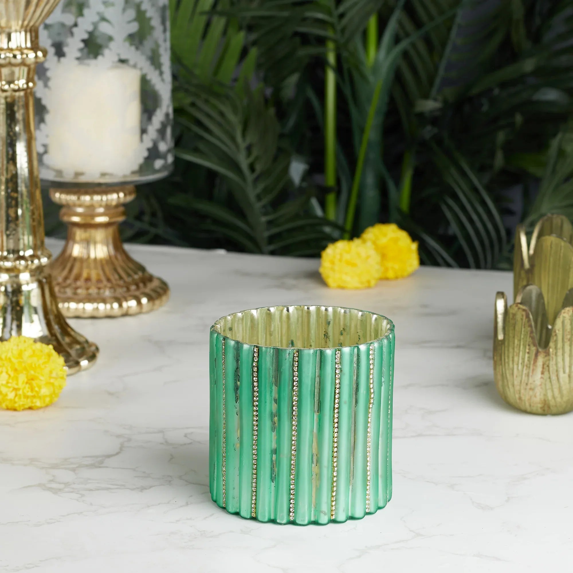 Phiona Glass Diamond Stud Handcrafted Votive 10 Cm in Emerald Colour - HomeTown