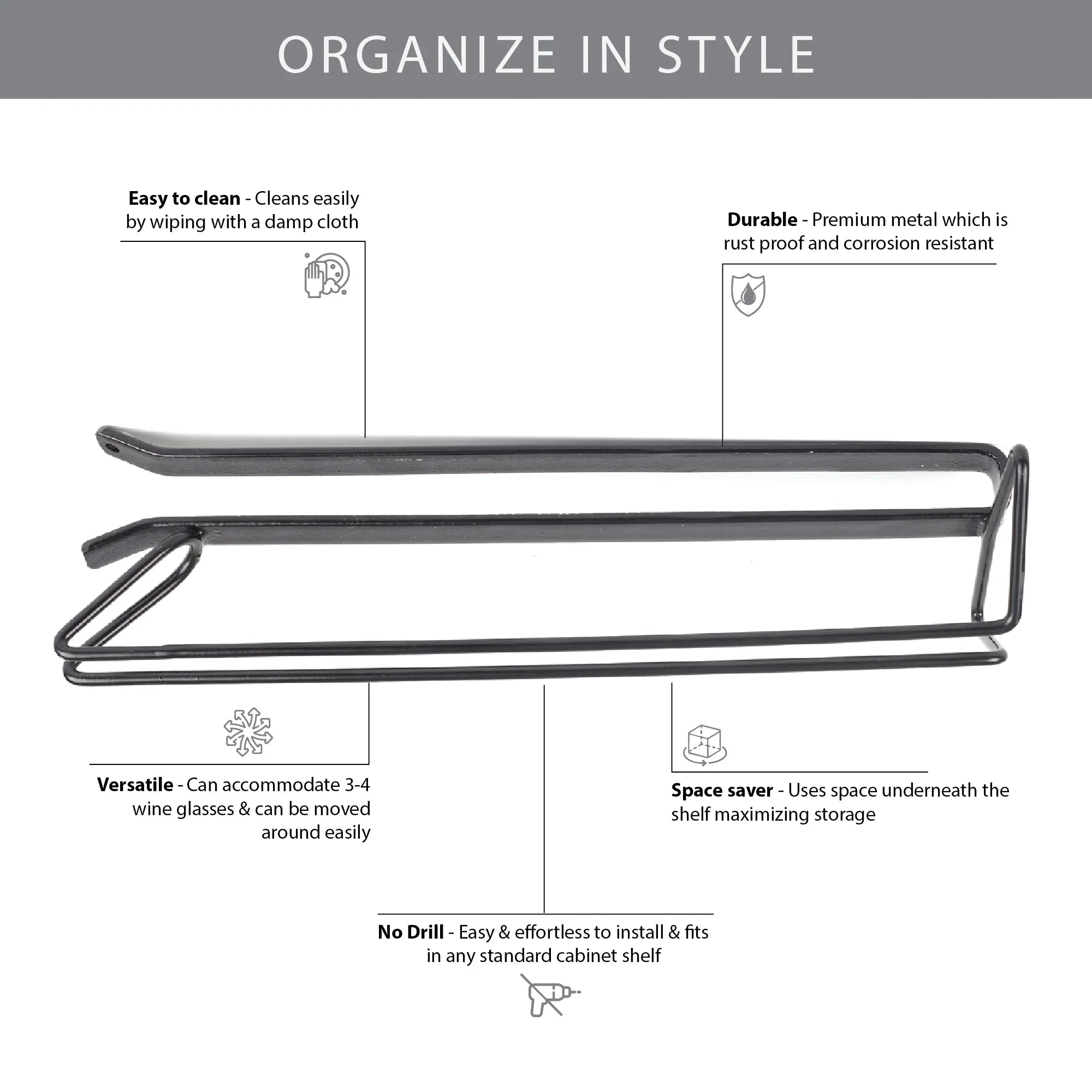 Lattice Metal Space Saver Wine Glass/Champagne Glass/Stemware Holder in Black Colour - HomeTown