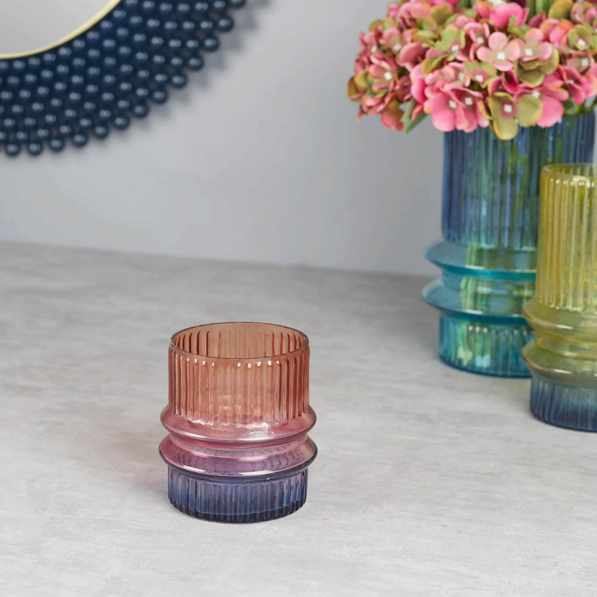 Phiona Glass Fluted Handcrafted Votive 10 Cm in Multi Colour - HomeTown