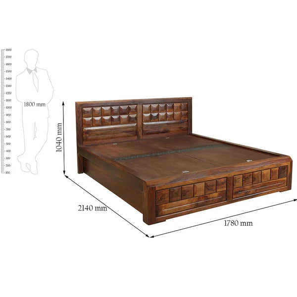 Woodrow Sheesham Wood Queen Size Bed with Box Storage in Honey Colour dimensions