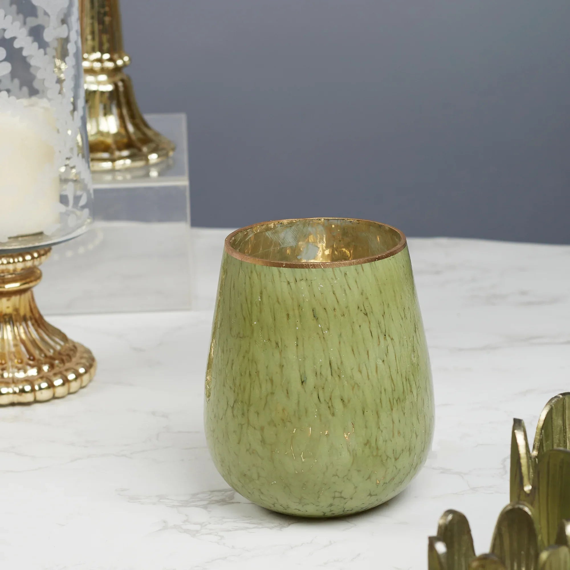 Phiona Glass Textured Handcrafted Vase 15 Cm in Olive Colour - HomeTown