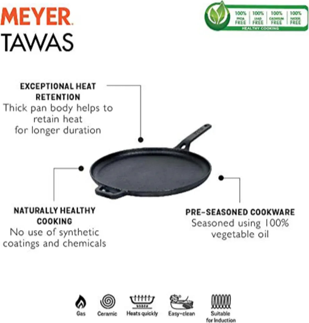 Enamel Free Cast Iron Induction Base Flat Tawa 28 Cm in Black Colour - HomeTown