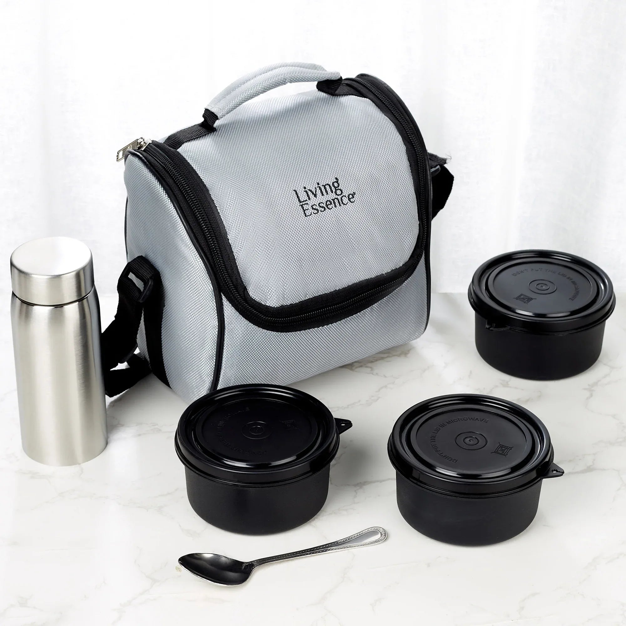 Microsafe 100% BPA Free Plastic & Stainless Steel Exa Lunch Box 400ml Set of 3 + Steel Bottle 500ml + Spoon + Carry Bag in Grey Colour - HomeTown