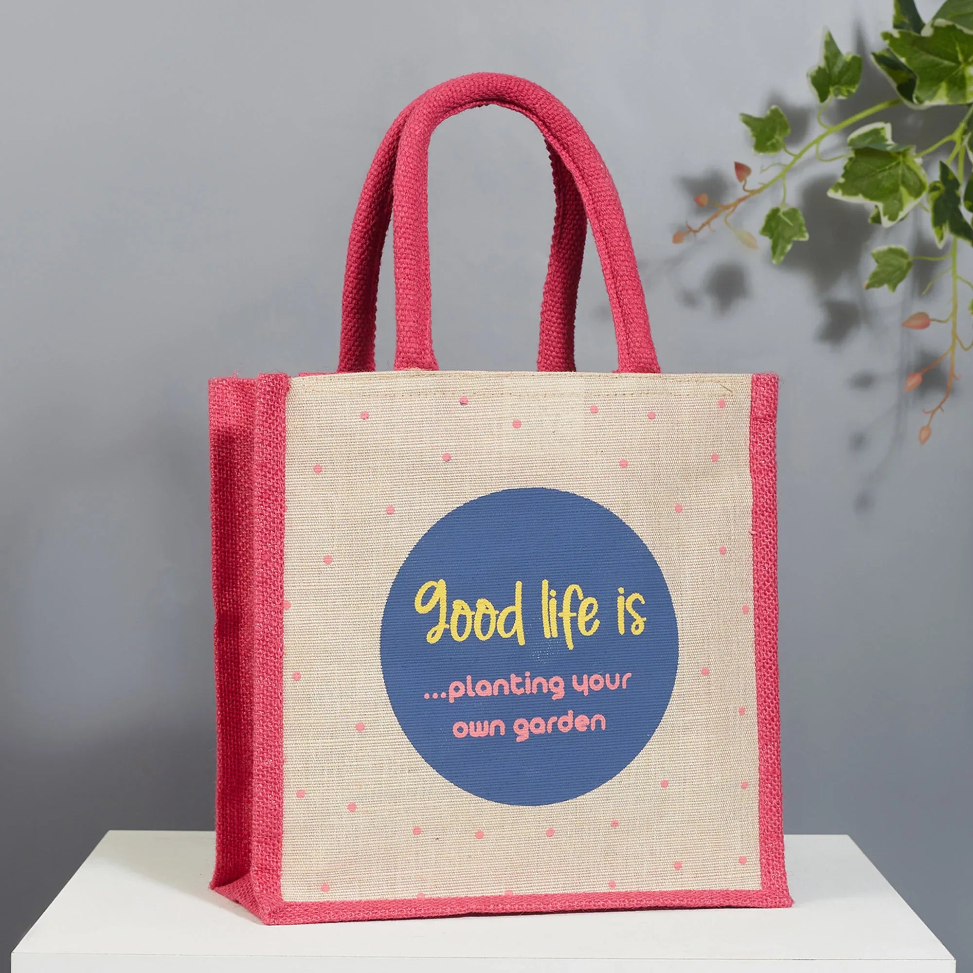 Good Life Jute Reversible Bag Garden Printed Lunch Bag 25.5 x 25.5 Cm in Multi Colour - HomeTown