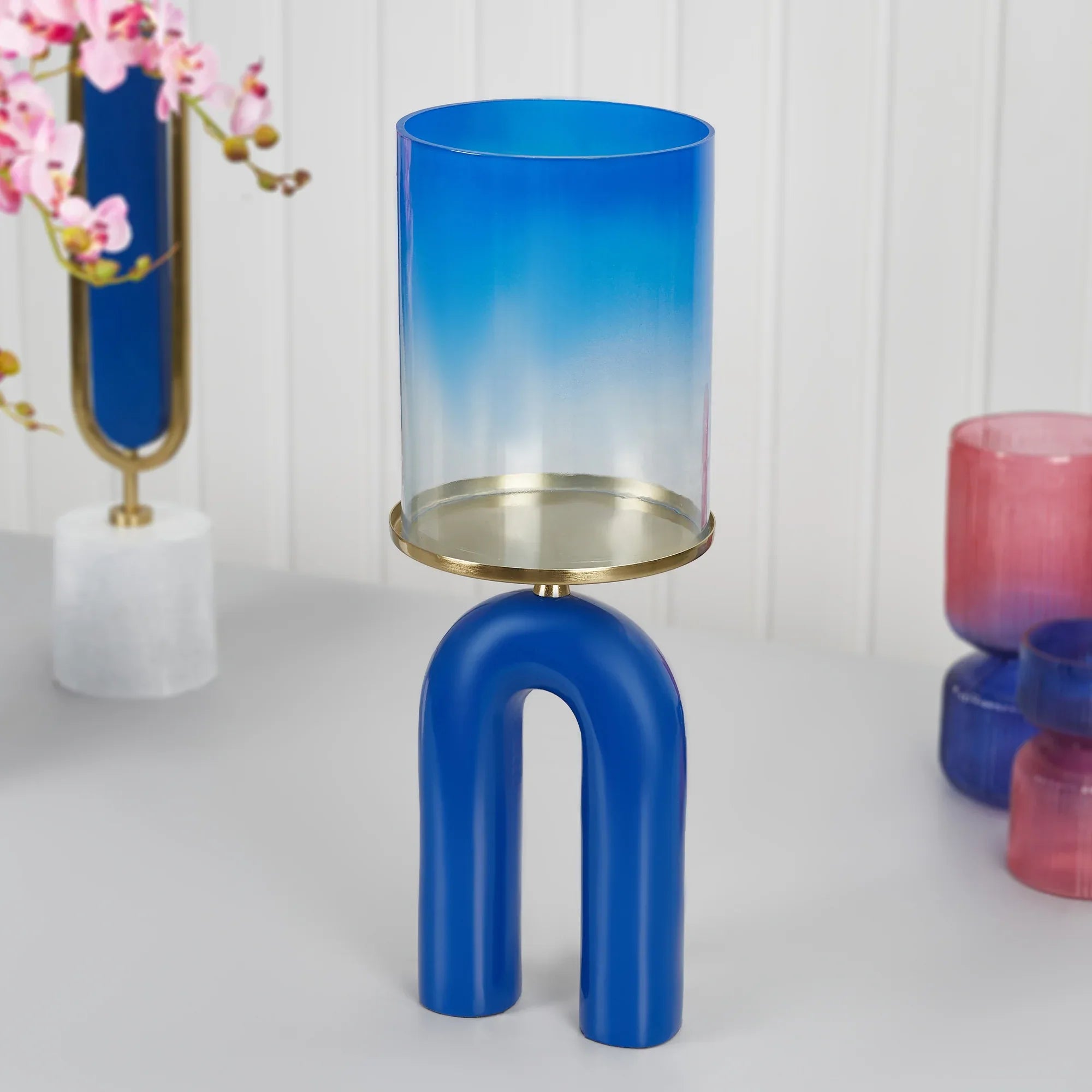 Athena Aluminium and Glass Rainbow Candle Holder 15x41 Cm in Navy Blue Colour - HomeTown